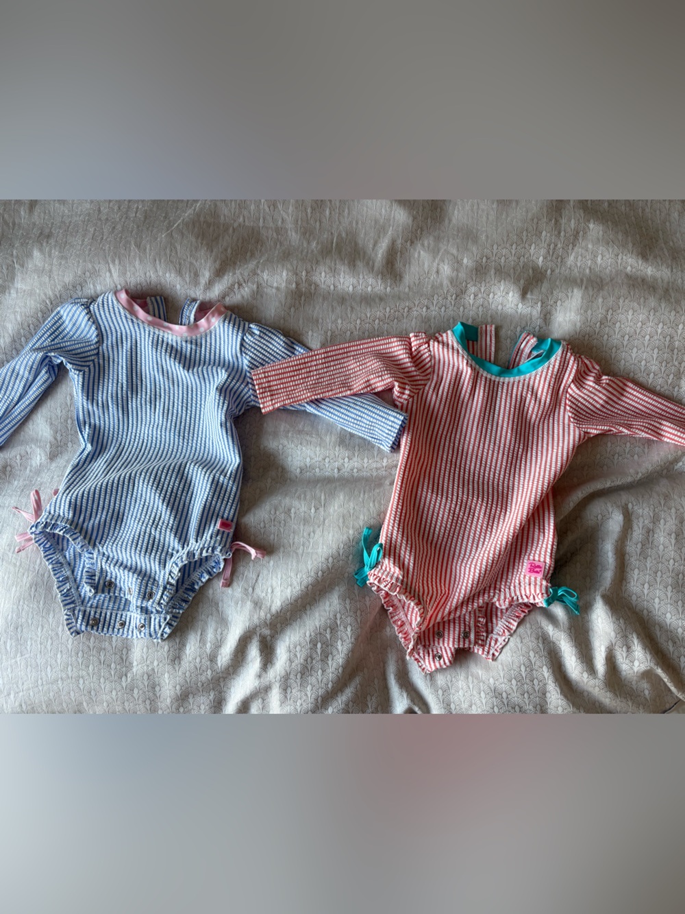 Ruffle Butts Coral & Teal Striped Baby Swimsuits